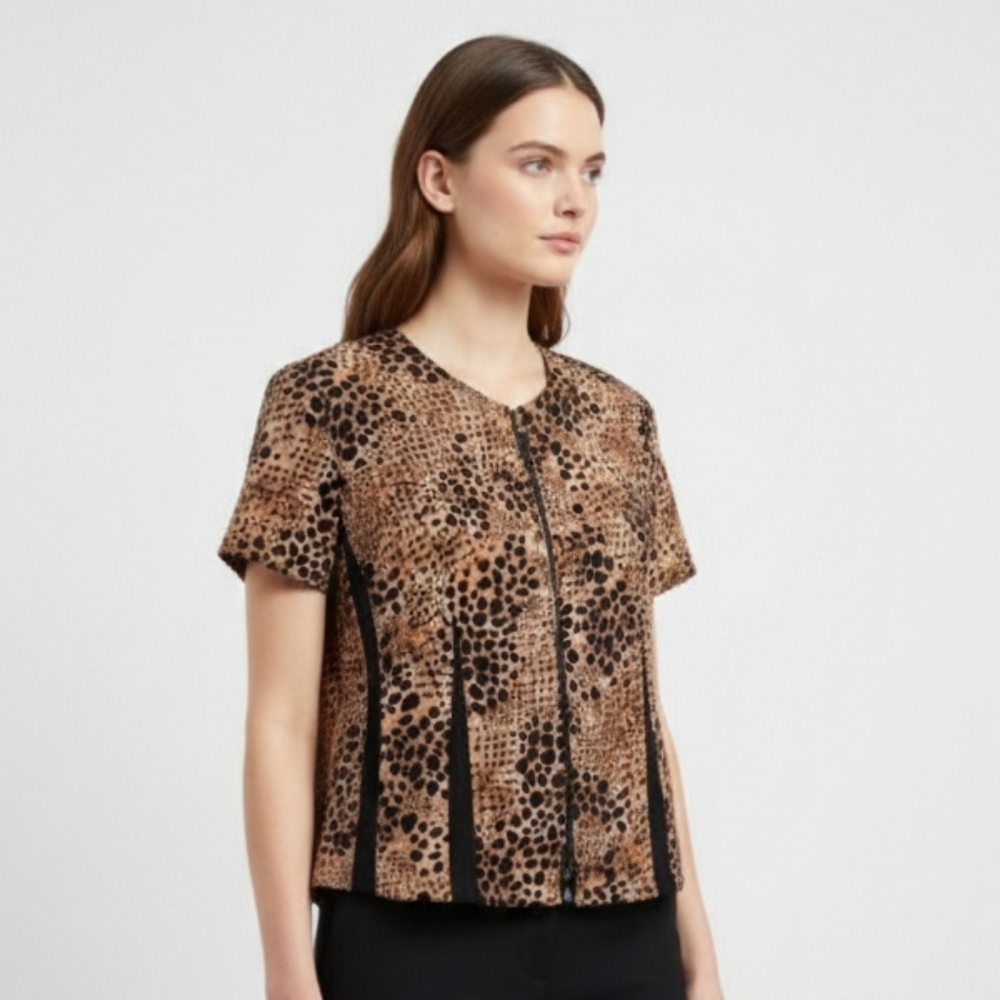 Vintage Melissa Harper Brown Leopard Zip Blouse Retro Club Y2K Punk 14